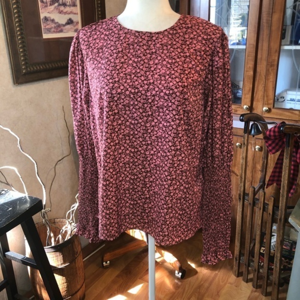 SHEIN SIZE MEDIUM BROWN AND PINK LONG SLEEVE PUFF SLEEVE SHIRT ELASTIC CUFF